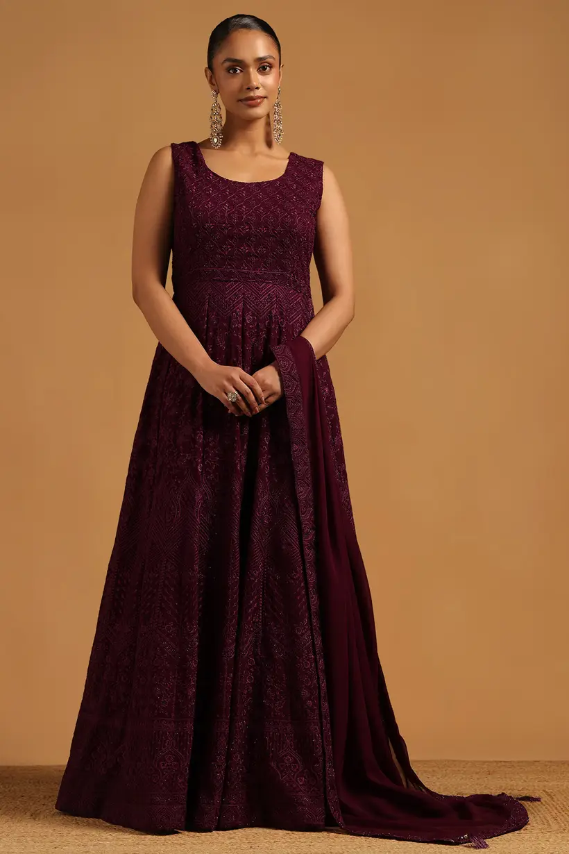 Wine Georgette Botanical Chikankari Embroidered Gown With Stone Work